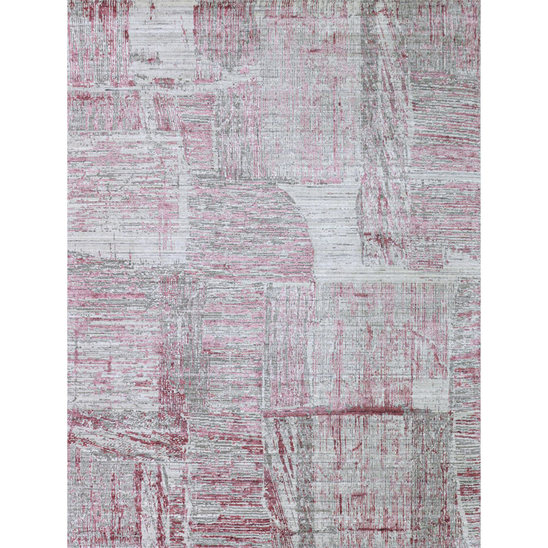 Tapis rectangulaire gris / rouge en laine / viscose tissé à la main, Rectangle 10 pi x 14 pi