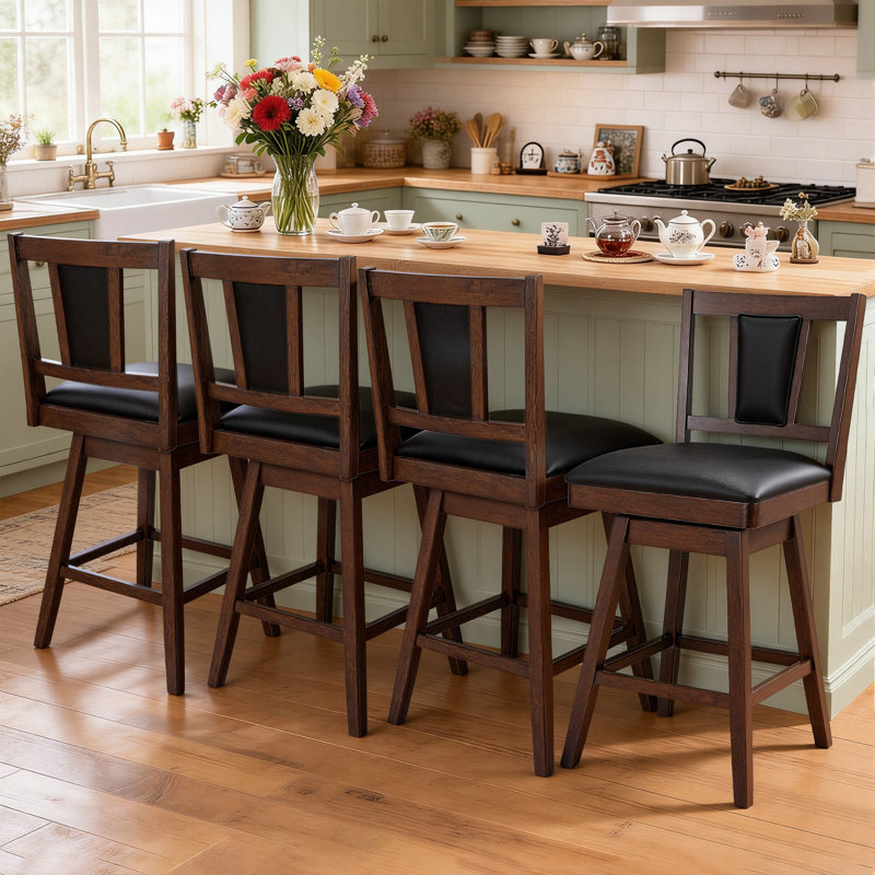 Tabouret de comptoir pivotant en similicuir 26 "avec des pieds en bois massif Desouza (ensemble de 4)