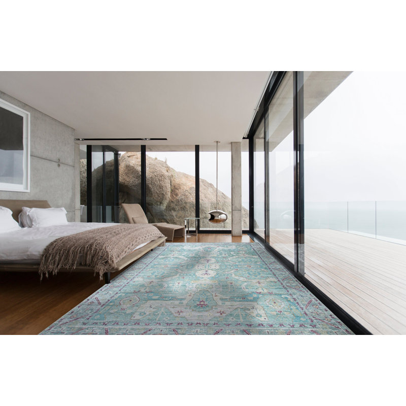 Tapis en soie naturel noué à la main BL.GN / vert canard, Rectangle 8 pi x 10 pi