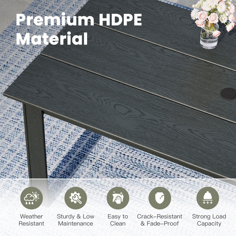Table de salle à manger rectangulaire en PEHD pour l'extérieur avec trou pour parasol, Black