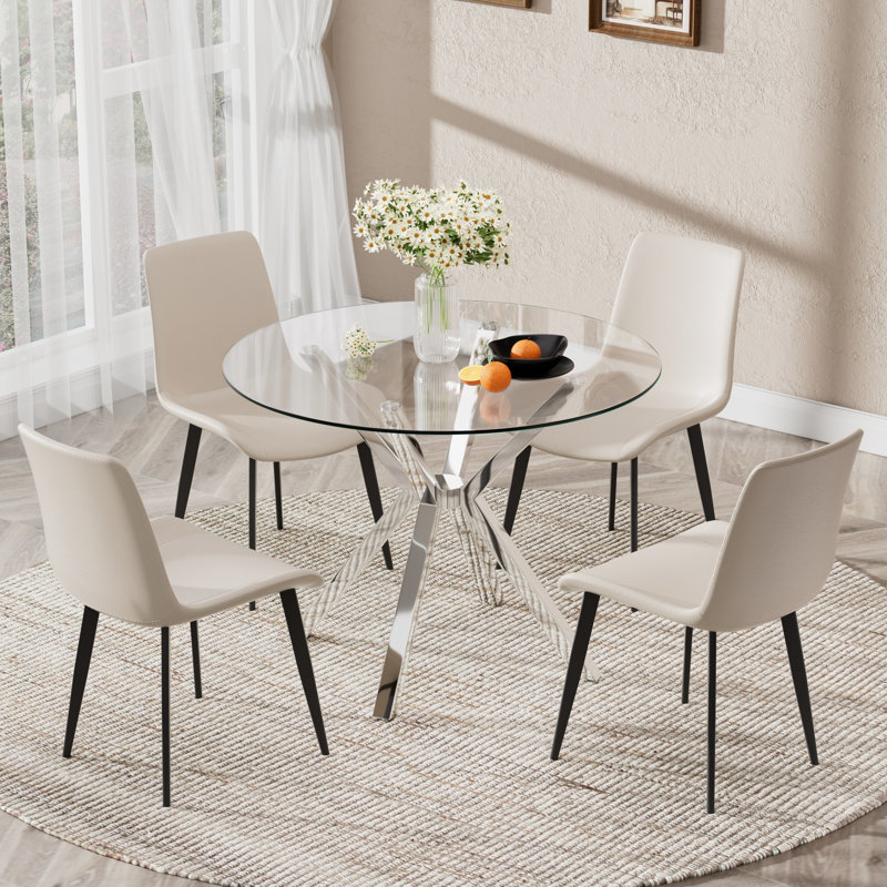 Ensemble de salle à manger Modern, Beige, 5 Pieces: Table, 4 Chairs, Silver
