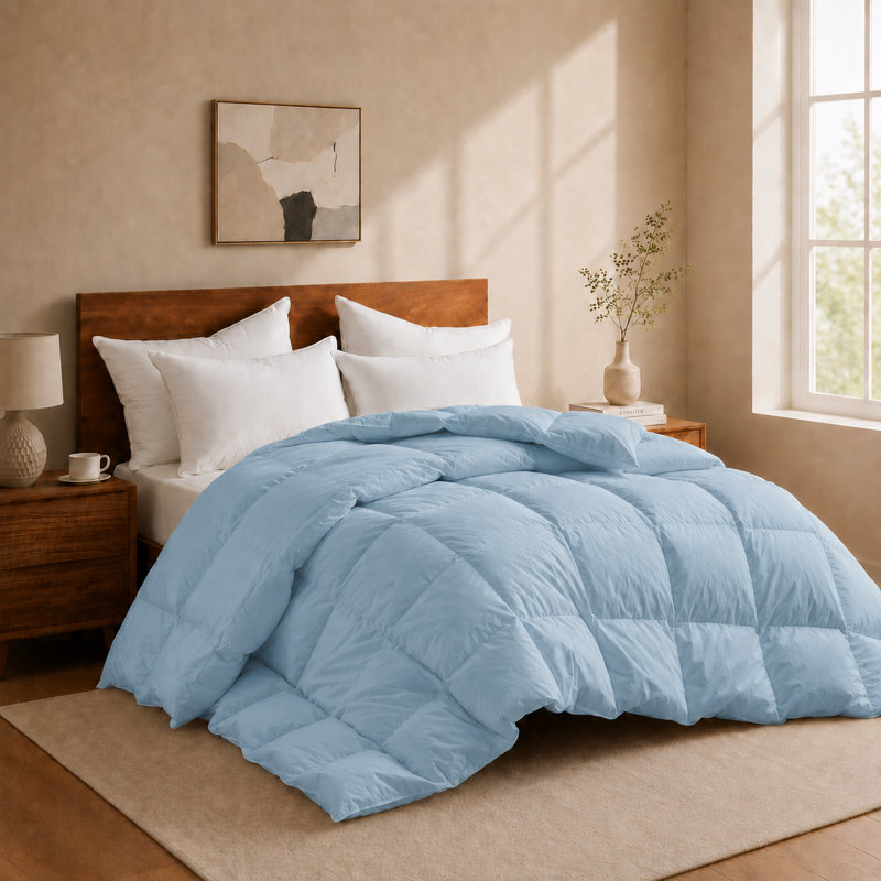 Insertion de couette toutes saisons en duvet d'oie blanche et en duvet avec housse 100% coton 300TC, simple, Blue, Lit simple