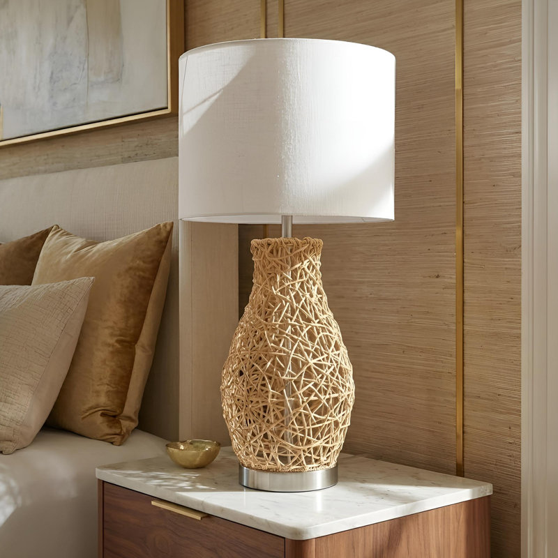 Lampe de table 13 "en métal et rotin avec abat-jour en tissu
