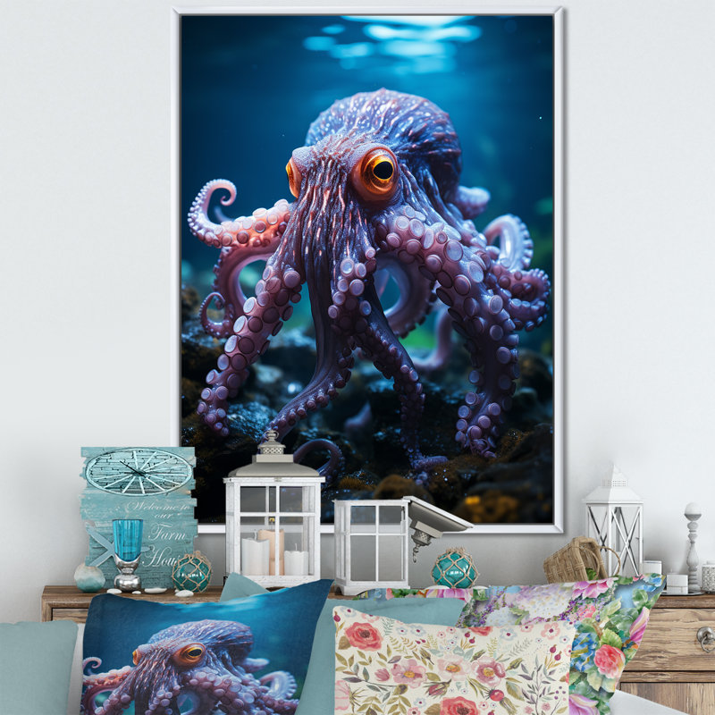 Feuille mauve Octopus Lunar Reflections I, reproduction d'art sur toile, Cadre flottant blanc, H 40 po x l 30 po x P 1,5 po