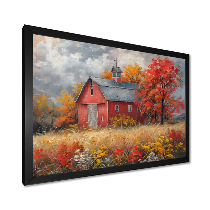 Automne rouge grange brise I - impressions encadrées de grange, H 30 po x l 40 po x P 1,5 po, Toile encadrée noire simple