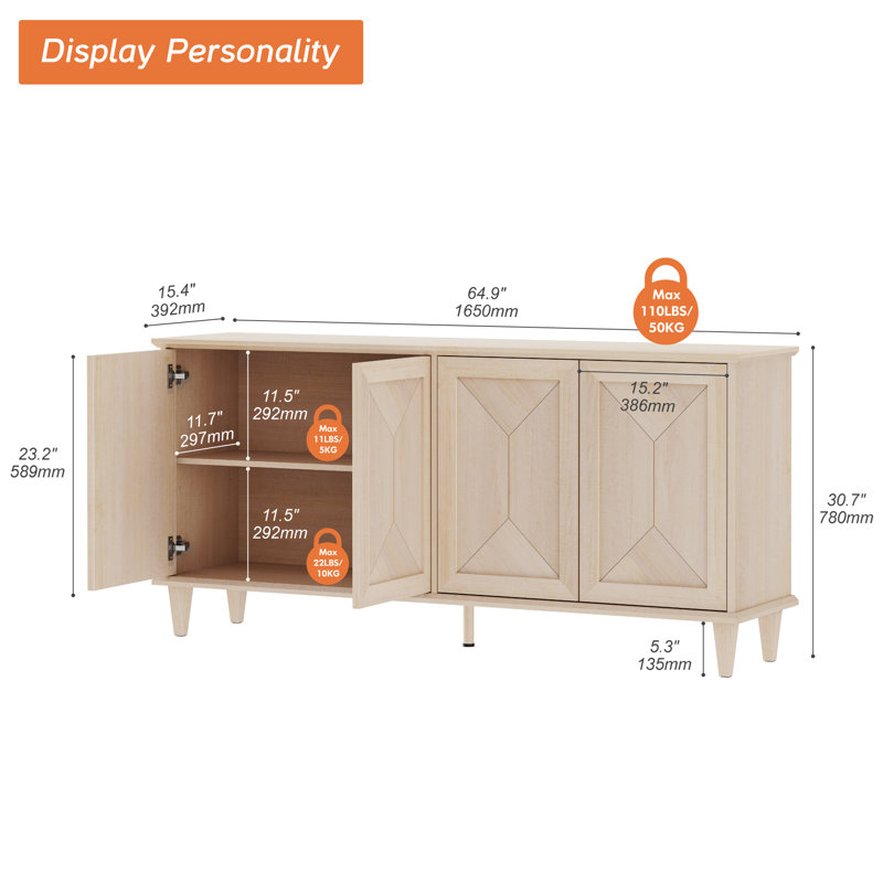 4-Door Modern Accent Cabinet With Handmade Patchwork Design,Thickened Top & Adjustable Shelves,Solid Wood Leg Credenza Storage Cabinet For Living Room,Kitchen,Dining Room,Hallway,Beige