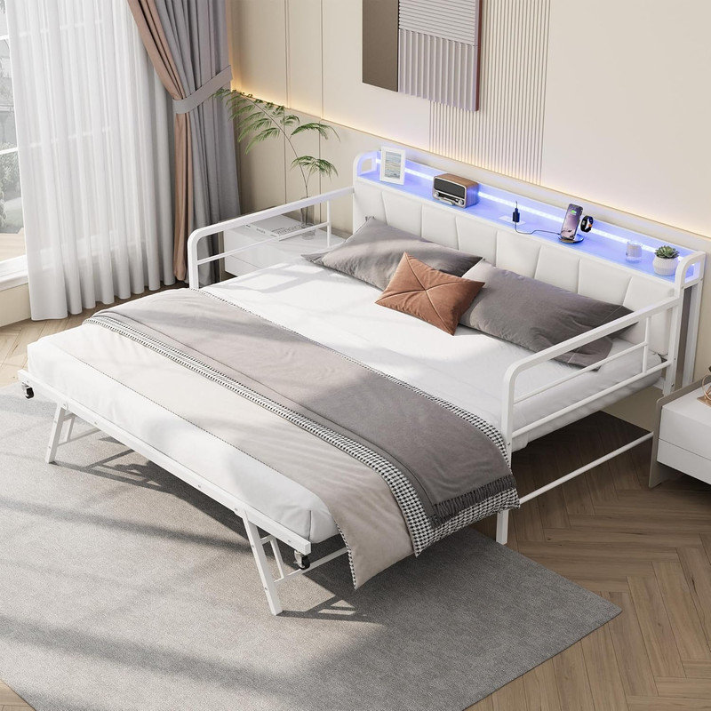 Daybed with Trundle & LED Lights, Metal Frame Linen Headboard & Charging Station, White