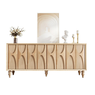 Buffet en bois massif cannelé avec 4 portes, finition naturelle