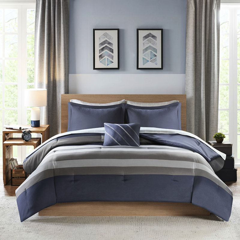 Twin Bedroom With Blue Striped Comforter And Grey Sheets Bedding - Heart Pillow