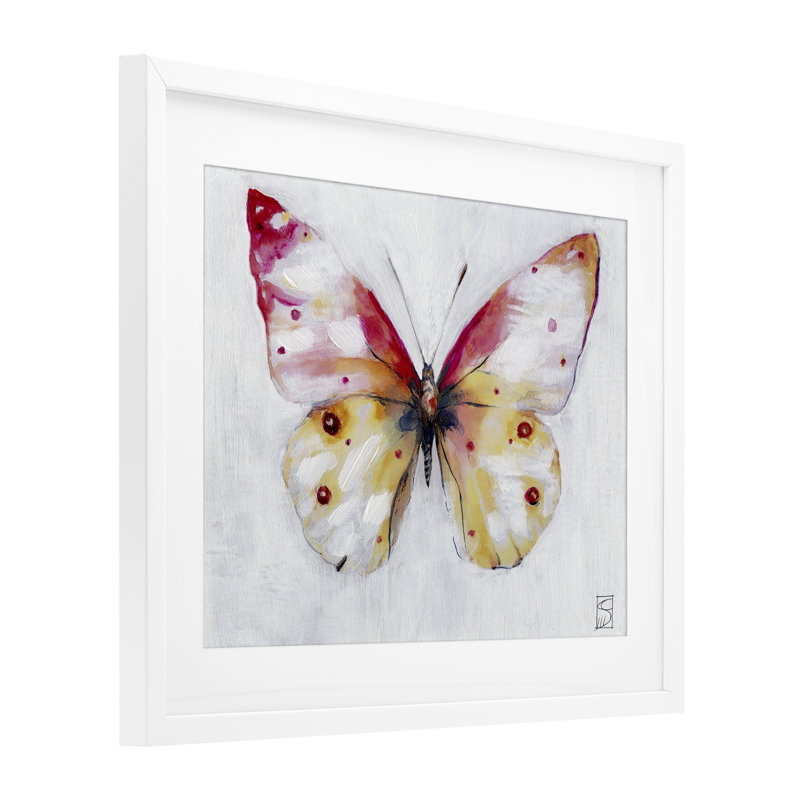 Pink & Yellow Butterfly Framed Print Under Glass, design by Sara Culpepper, 17" H x 21" W, Coastal White Frame