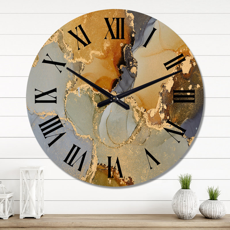 Horloge murale moderne de luxe avec art abstrait I, Surdimensionné, Brun/gris/or