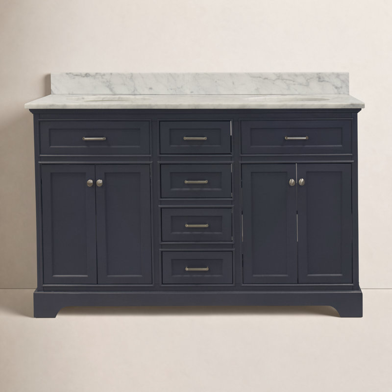 Ensemble de meuble-lavabo double 60 po Ronnie, Gris marine, Marbre de Carrare