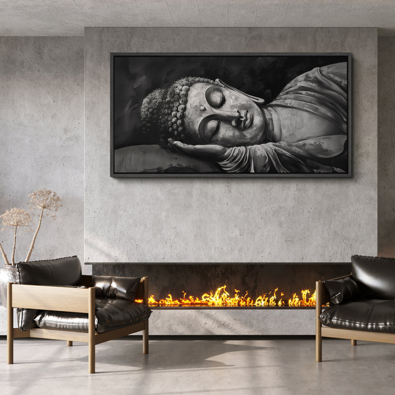 Bouddha endormi, art mural spirituel monochrome, Noir, H 30 po x l 60 po