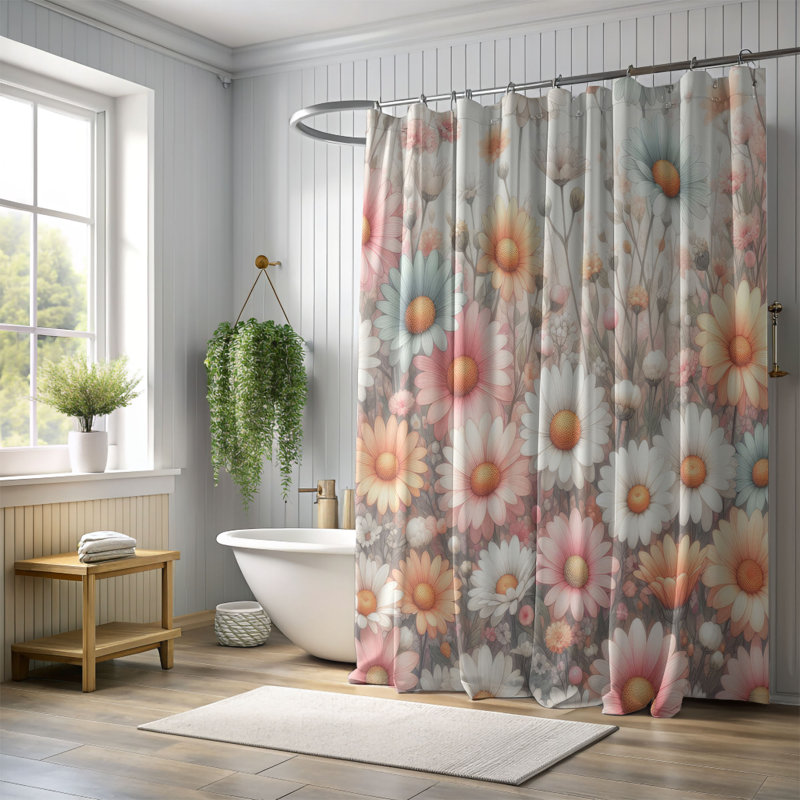 Rideau de douche 1 pièce Soft Daisy Watercolor, H 74 po x l 71 po
