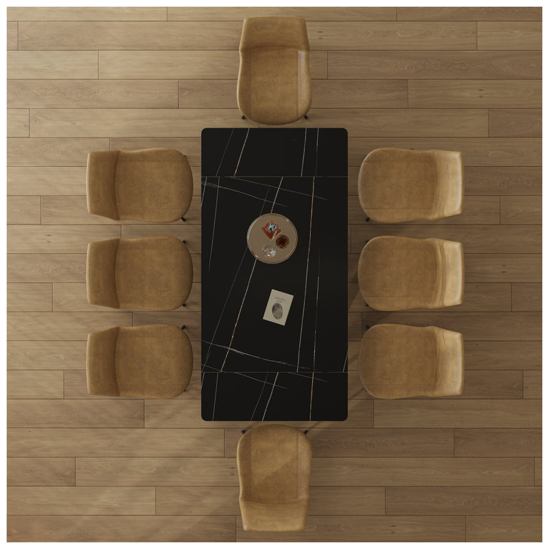 Table de salle à manger rétractable en pierre frittée - Table rectangulaire noire moderne extensible pour 6 à 8 personnes avec base en acier au carbone à pieds croisés