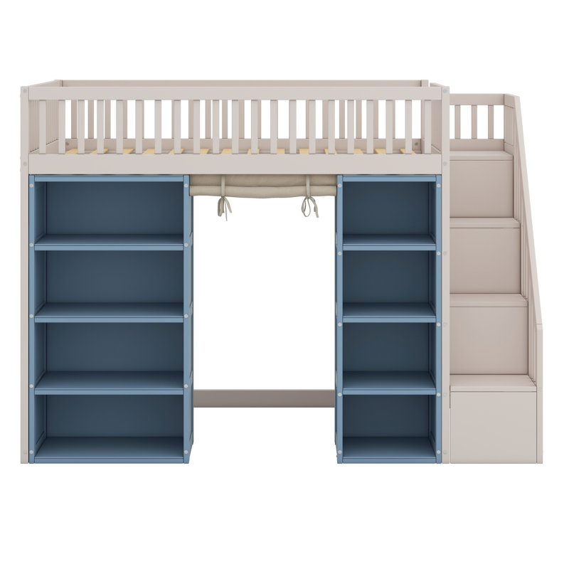 Lit mezzanine avec 2 armoires de rangement à quatre couches et rideau