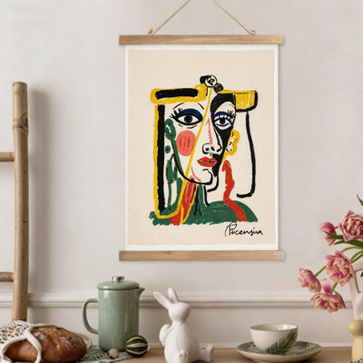 Portrait abstrait de femme peinte abstraite, art mural volute suspendu, cintre en bois intégré, l 16 x L 24