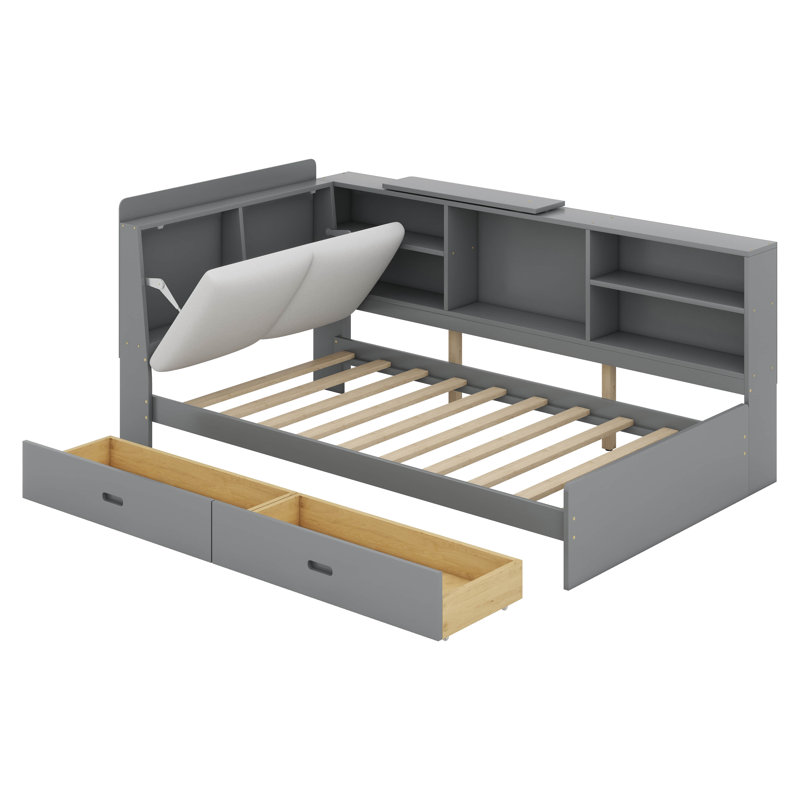 Lit plateforme simple en bois avec tablettes, 2 tiroirs et tête de lit tapissier, Gris
