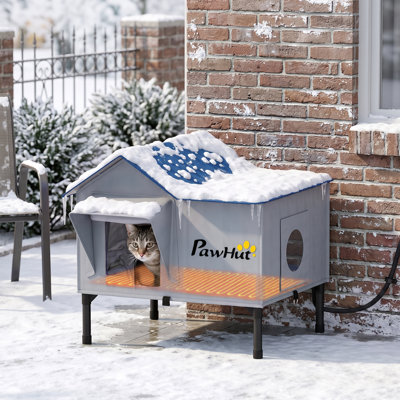 Heated Cat House Weatherproof with Heating Pad, Insulated Cat House for Outside with Elevated Base, Safe Escape Door, Kitty Winter Shelter for Stray, Barn Kittens