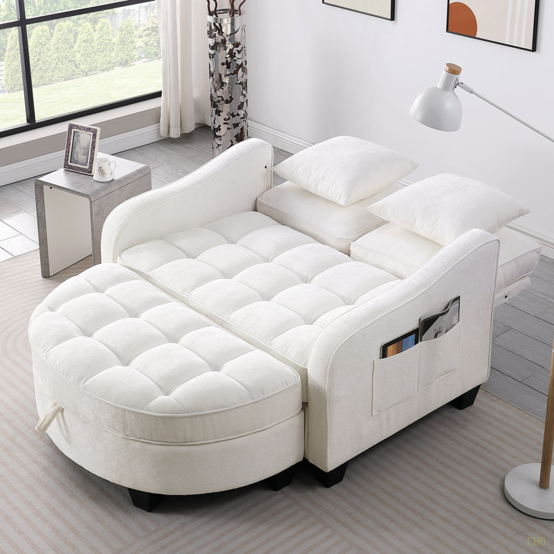 Canapé à deux places, canapé-lit double, avec accoudoirs et dossiers irréguliers, repose-pieds avec espace de rangement, deux petits coussins décoratifs, convient au salon et à la chambre à coucher