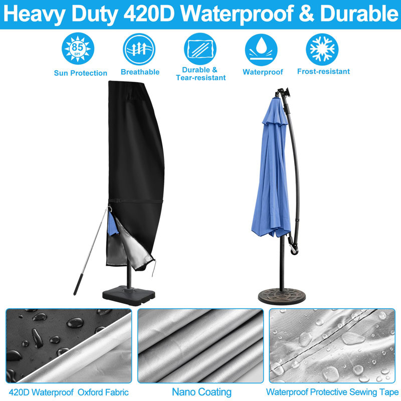 Housses de parasol imperméables en porte-à-faux pour parasols d'extérieur décalés de 9 pi à 12 pi, tissu durable 420D avec aération supérieure, conception à cordon de serrage à ourlet et fermeture à glissière, protection anti-UV