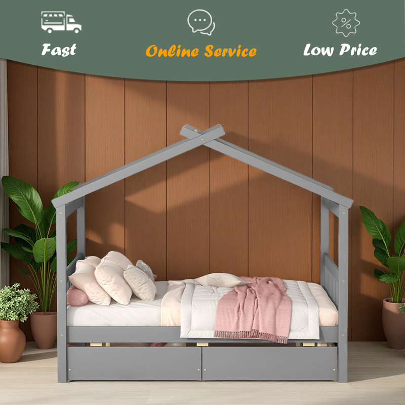 Lit en bois avec tiroirs, Gris, Lit double