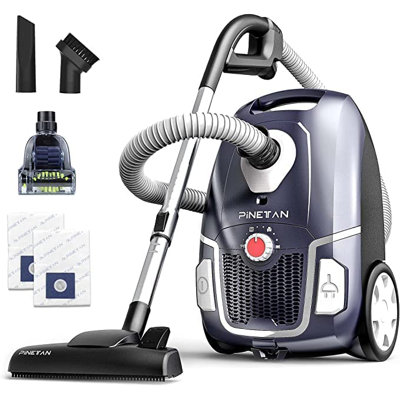 PINETAN Bagged Canister Vacuum Cleaner with HEPA Filter, 62dB Low Noise, Variable Power Control, 4.5L Dust Bag, 15Ft Retractable Cord and Telecope Wand, Onboard Tools For Hard Floors and Carpets