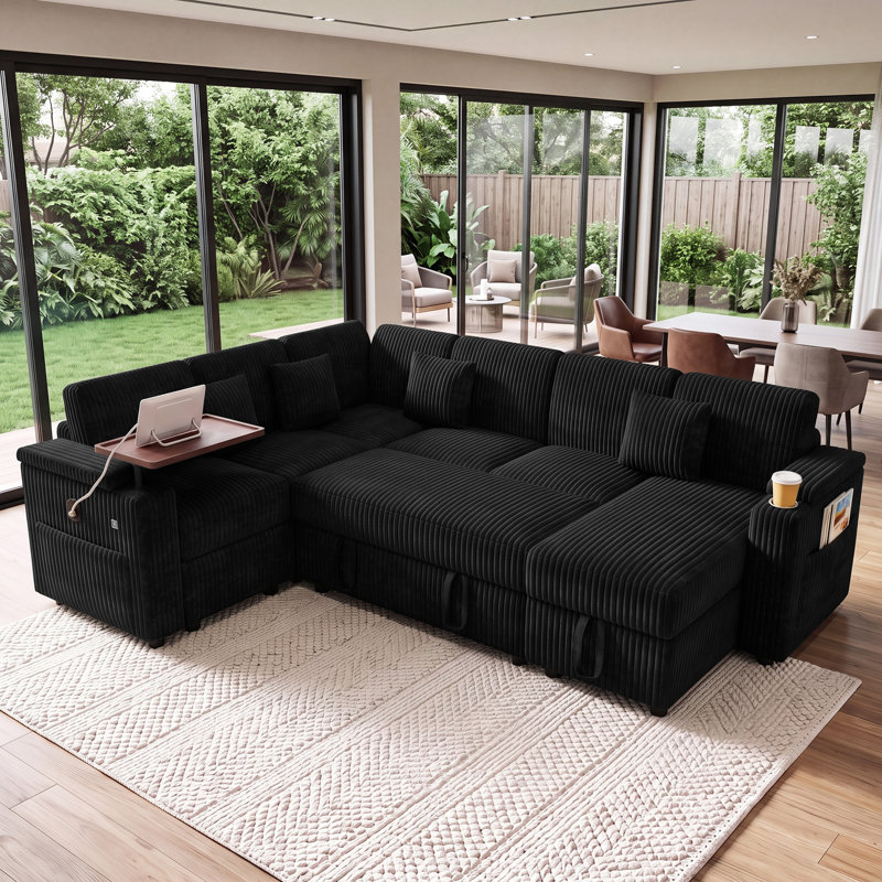  Canapé-lit modulaire en forme de U de 100 po en velours côtelé avec lit escamotable, méridienne de rangement, ports USB et porte-gobelets, noir