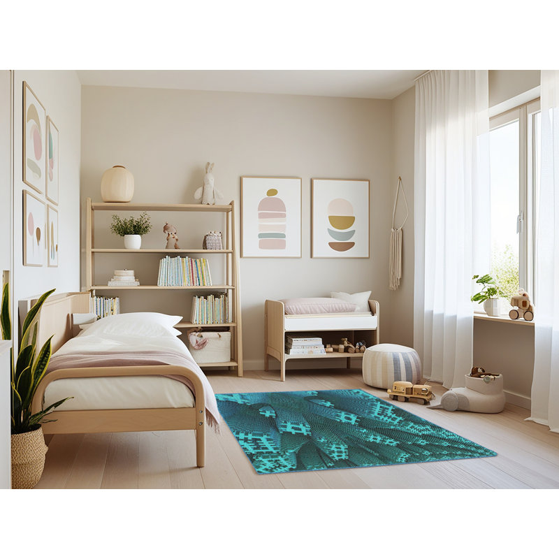 Tapis bleu aqua tissé à la machine, Rectangle 4 pi x 6 pi
