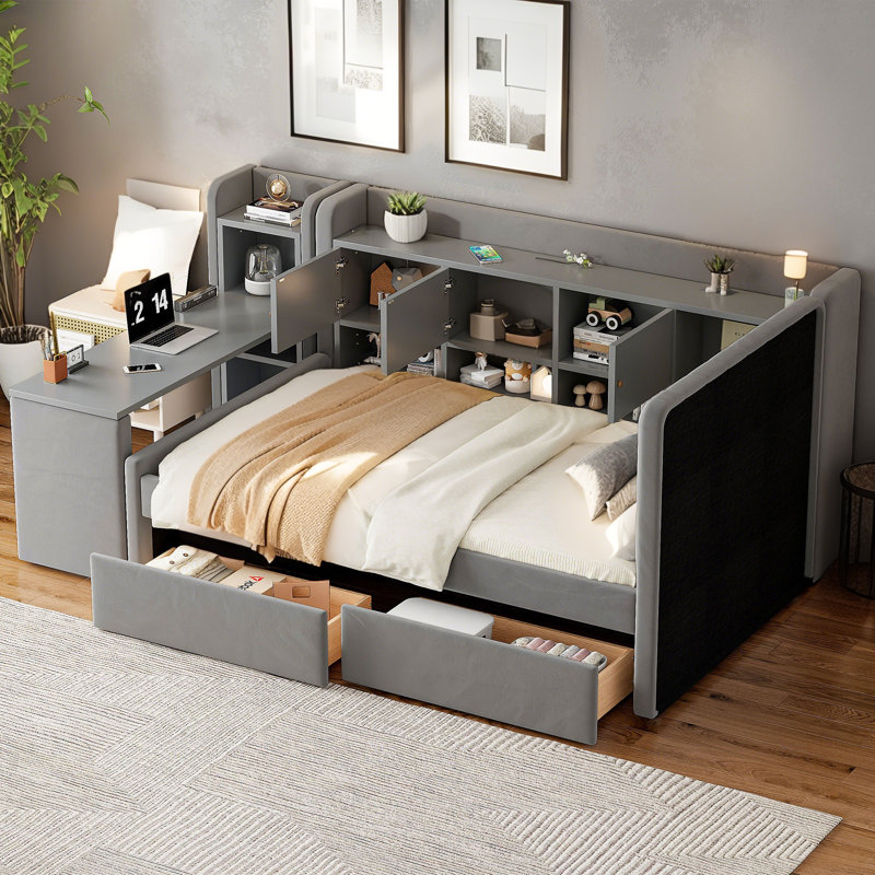 Twin Size Upholstered Daybed With Drawers, Shelves, Flip Cabinets & Side Table, Gray