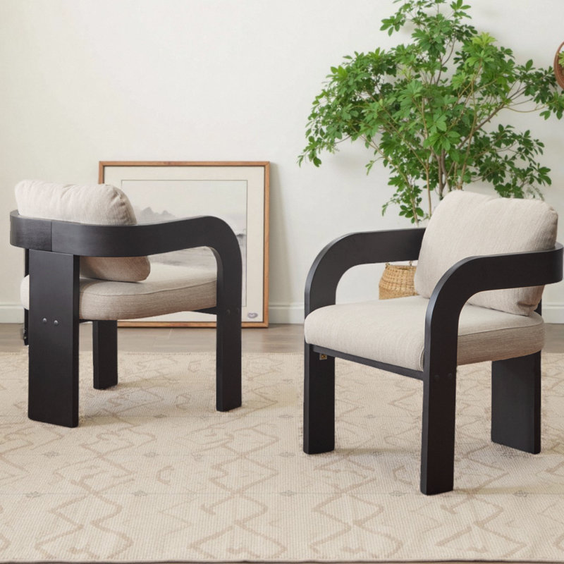 Chaises de salle à manger 2 pièces avec dossier coussiné, assise en bois d'hévéa massif pour la cuisine, Beige, Noir