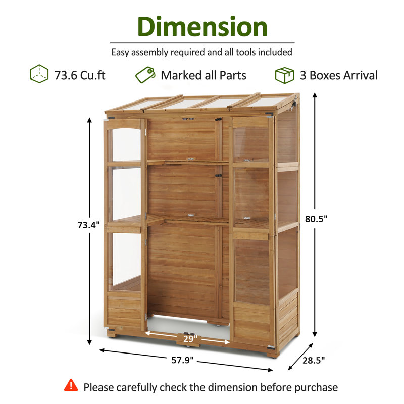 57.9" W x 28.5" D Wooden Greenhouse with Openable Roof and Lockable Door, Camel