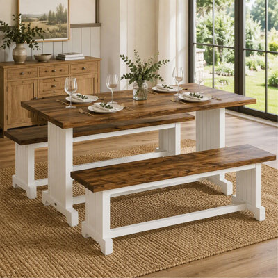 Ensemble de table et de chaises de style champêtre, 3 pièces, 119 cm (47 pouces), pour 2 à 4 personnes ; table de cuisine peu encombrante avec 2 bancs, en bois rustique et métal, blanc et marron.