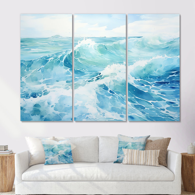 Blue Ocean In Motion Scenery III - Ensemble de décorations murales océan, Toile tendue, H 32 po x l 48 po x P 1 po