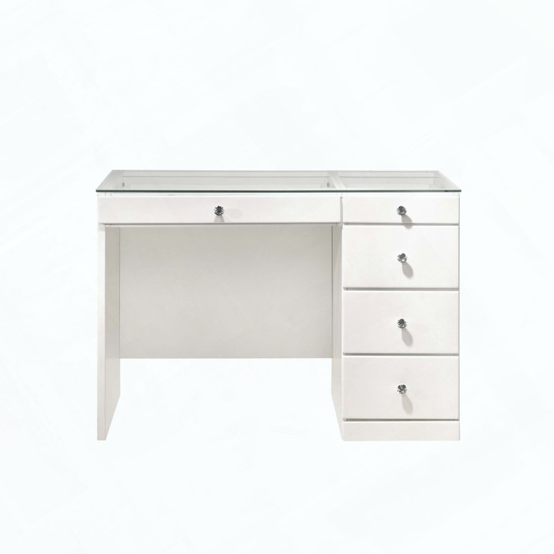 Glam Makeup Vanity Table with Glass Top, 5 Drawers and Crystal Knobs, White