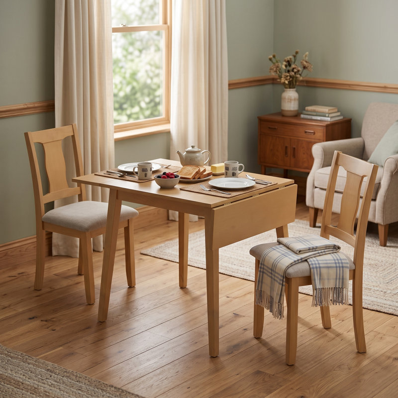 Ensemble de salle à manger 3 pièces à abattants avec 2 chaises rembourrées et pieds en bois massif, Beige + naturel, 3