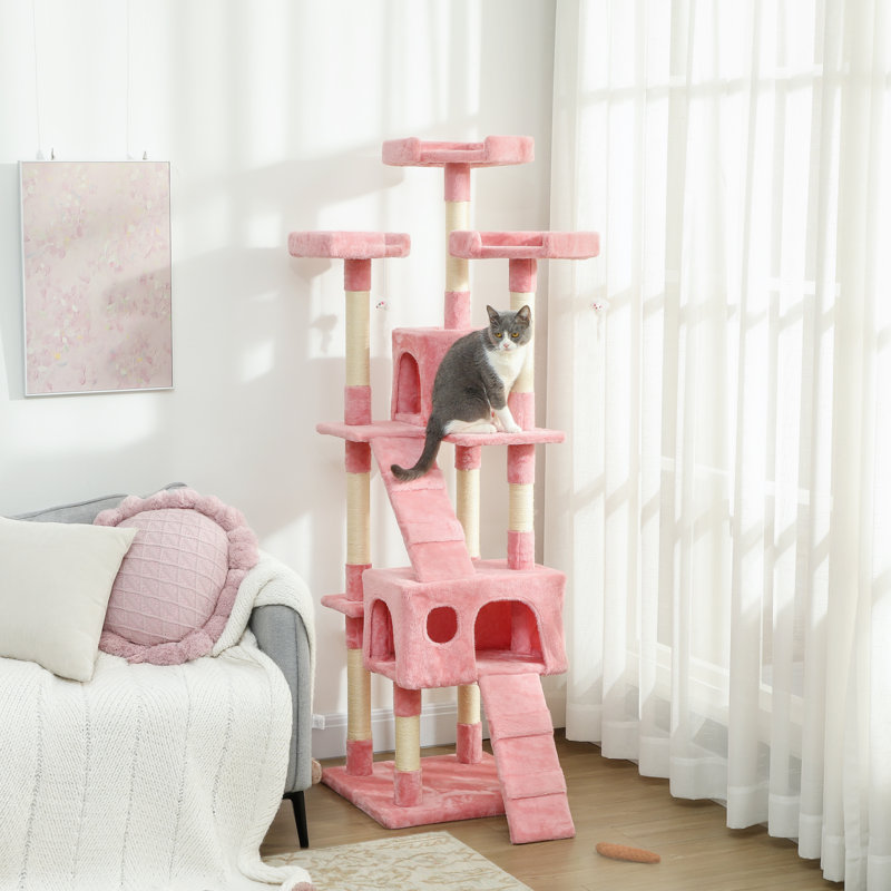 Arbre à chat 68 pouces, grande tour à chat multi-niveaux, rose