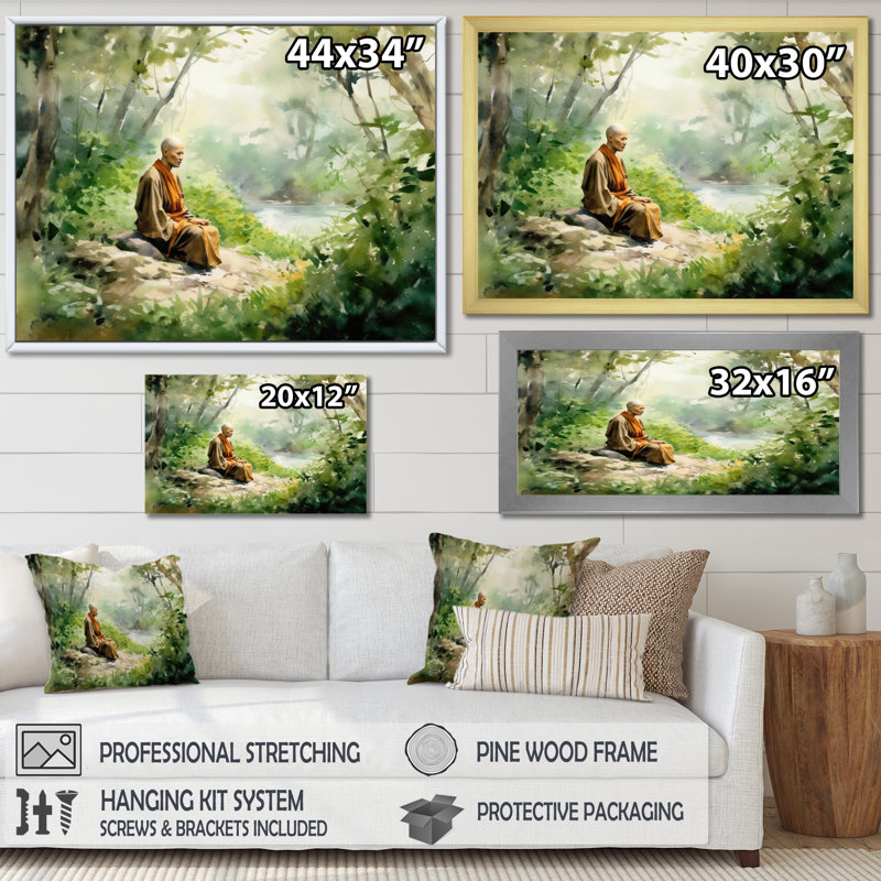 Bouddha aux lumières sur toile, Encadrement doré, H 30 po x l 40 po x P 1,5 po