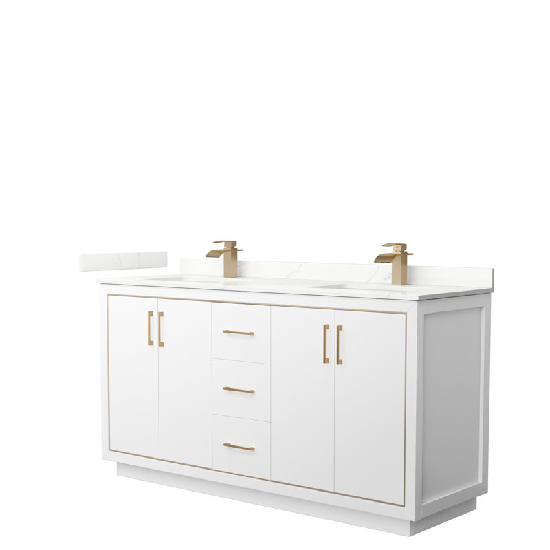 Meuble-lavabo double autoportant 66 po avec plateau en quartz 66 po, Quartz Giotto, Blanc, Bronze satiné
