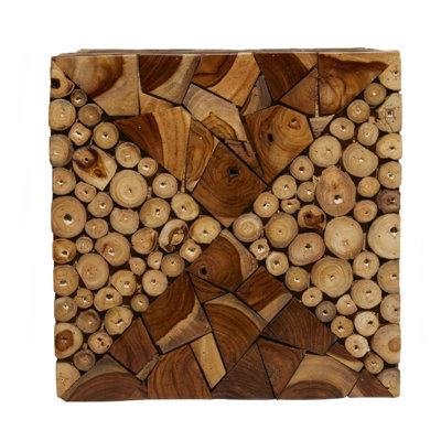 Obrien Teak Wood Handmade Square Block Side End Brown Accent Table with Mosaic Wood Chip Design