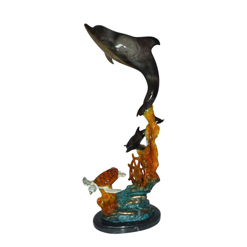 Statue en bronze de deux dauphins avec tortue Blumberg - Taille: L 14 po x l 8 po x H 28 po.