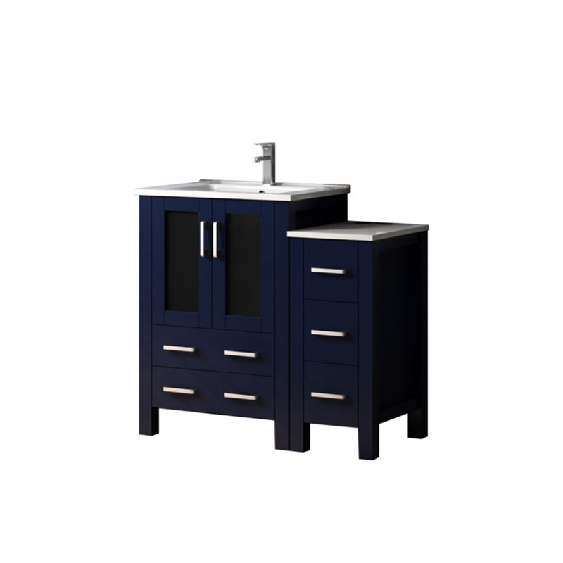 36 po W Meuble-lavabo simple bleu marine, comptoir en céramique blanche, robinet et grands tiroirs bleus avec fonction de fermeture en douceur incluse