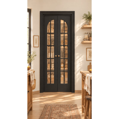  Porte pliante en verre trempé transparent 10-Lite avec noyau solide, porte de garde-robe à base d'eau arquée de style noir pour garde-manger / buanderie / cuisine avec quincaillerie