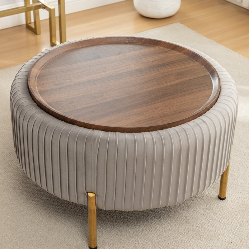 Miajah Upholstered Round Storage Ottoman, Gray