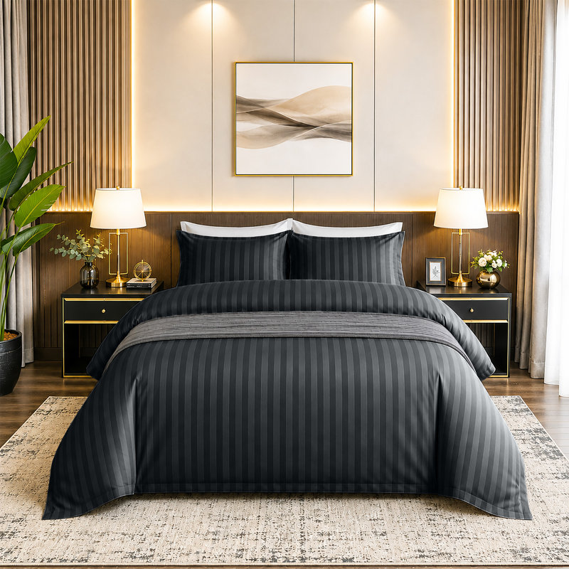 Microfiber Striped Duvet Cover Set with Matching Pillowcases and Stripe Fitted Sheet, Charcoal