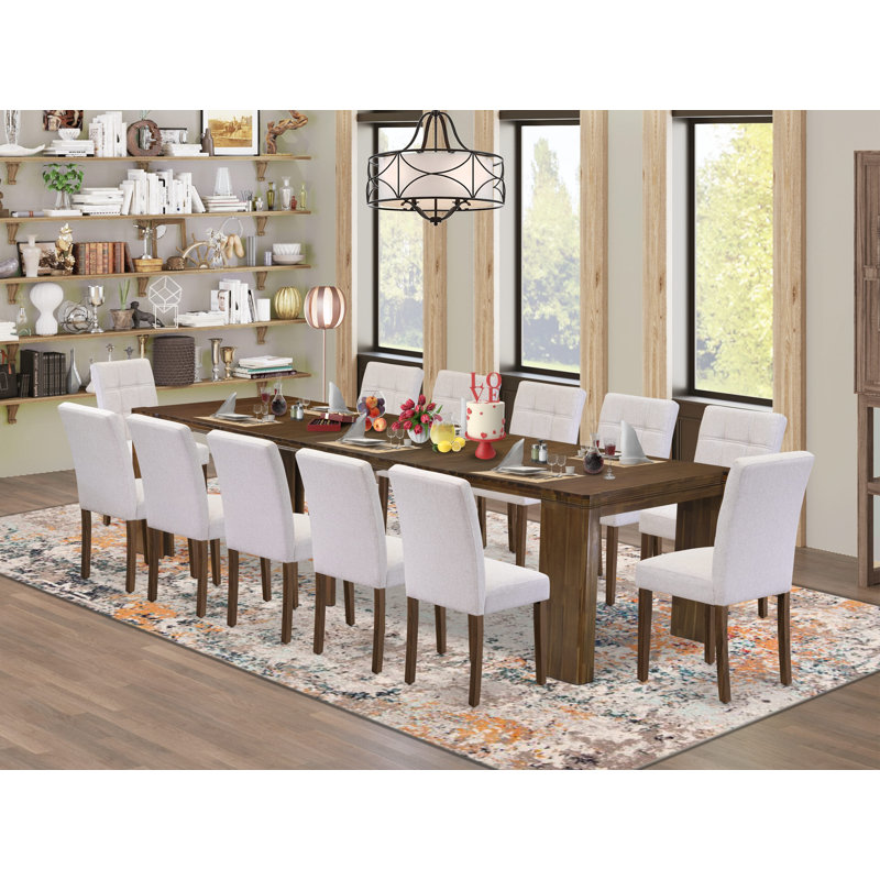 13 Pieces Modern Dining Table Set contains an Extendable Rectangle Kitchen Table and 12 Polyester Fabric Dining Chairs, Antique Walnut