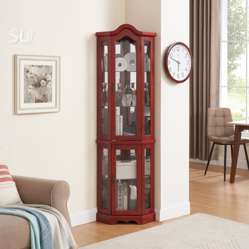 Corner Lighted Cabinet with Glass Doors and 3 Shelves, Cherry