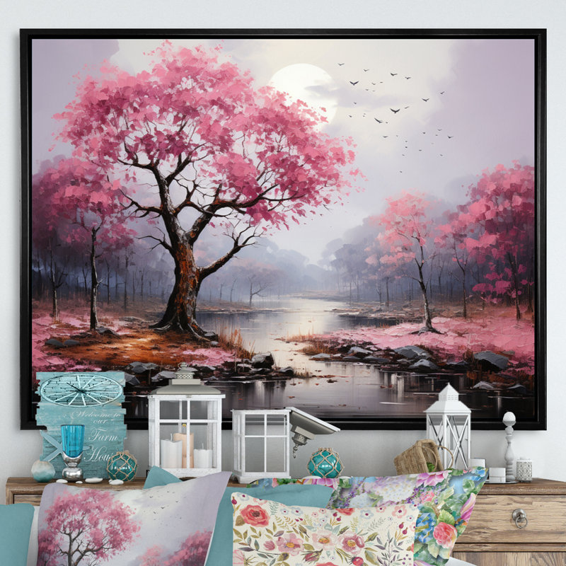 Bethy Pink Forest Eernal Resilience Pointillism - impression, H 30 po x l 40 po x P 1,5 po, Cadre flottant noir