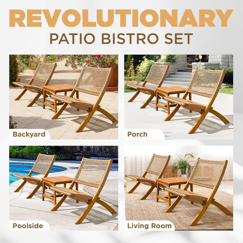 Solid Wood Twisted Wicker Foldable Reclining Bistro Set of 3