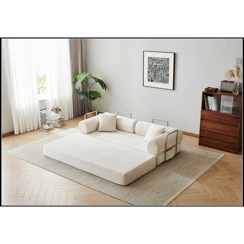 Canapé-lit convertible au sol avec dossier coussiné et conception modulaire pour le confort du salon, Polyester blanc